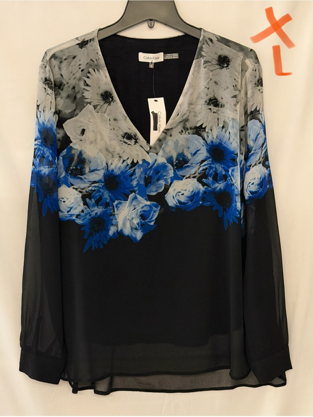 Calvin Klein Black Blouse with Blue Floral Yoke